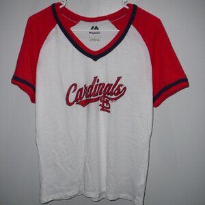 Majestic Women's St Louis Cardinals V-Neck Red White Blue Short Sleeve Jersey-Lg